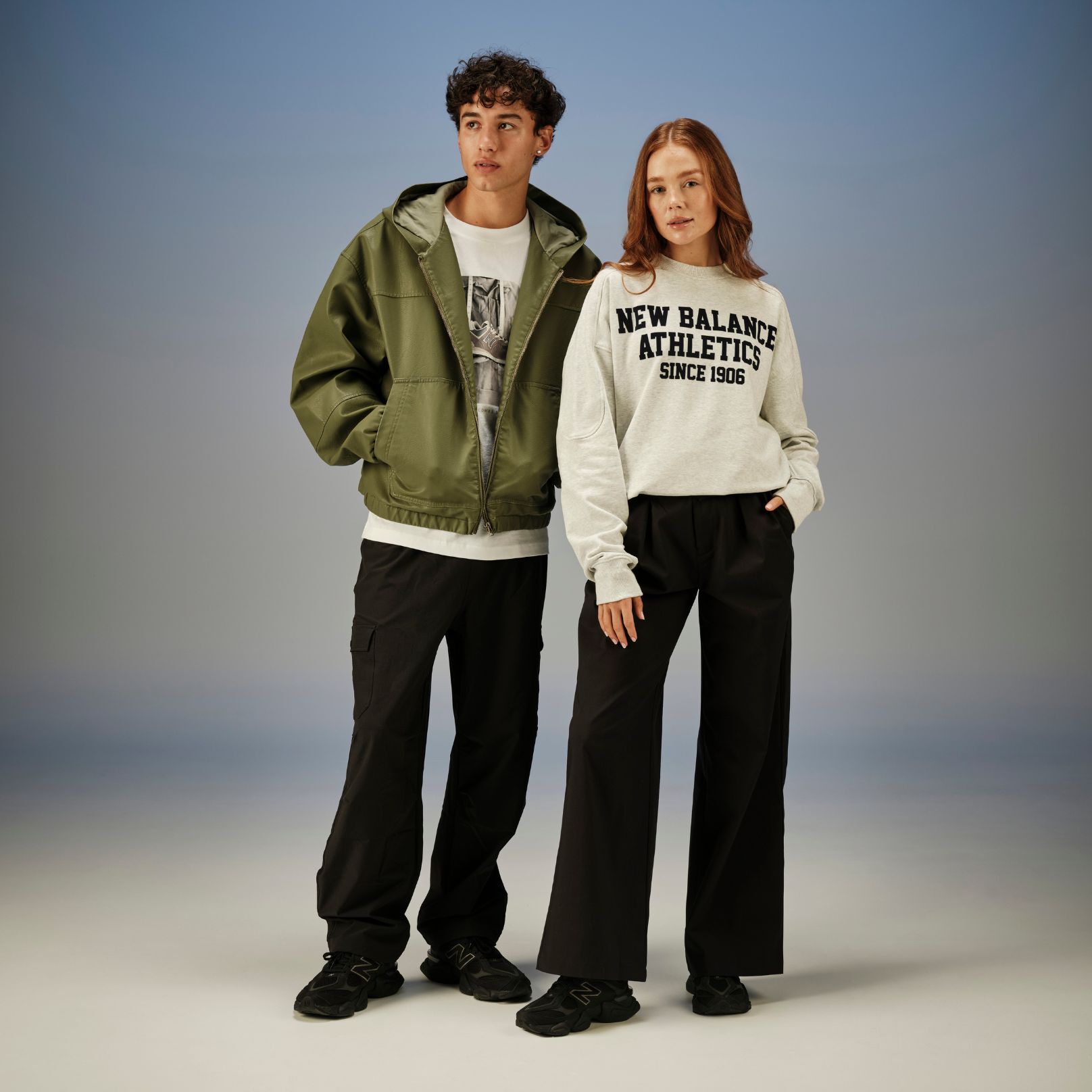 A man and woman in studio wearing the New Balance 9060