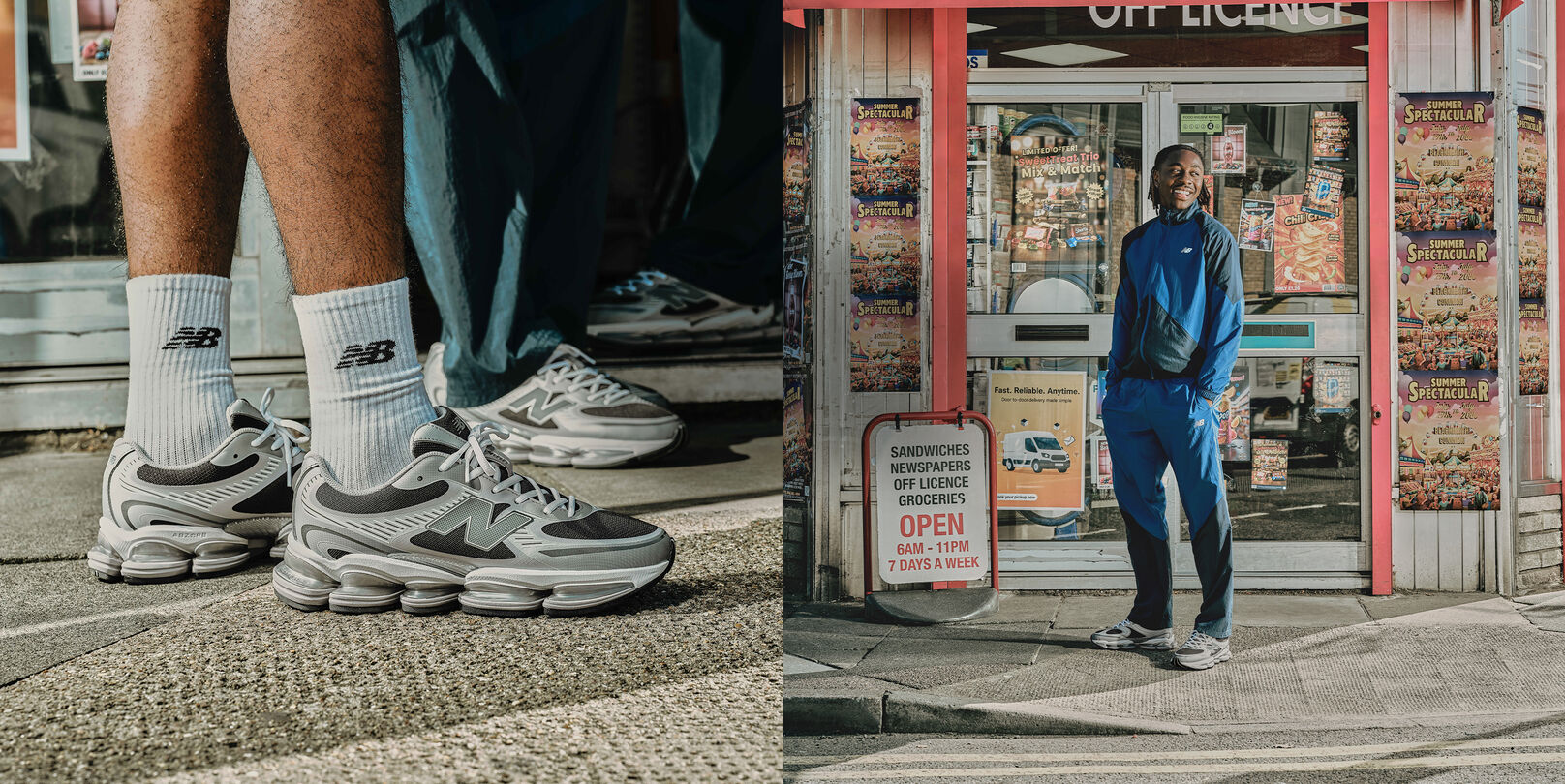 Split image of both Eze standing with his pockets and a close up shot of the ABZORB 2000s. 