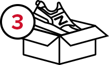 New Balance icon of step three, a shoe going into a shipping box.